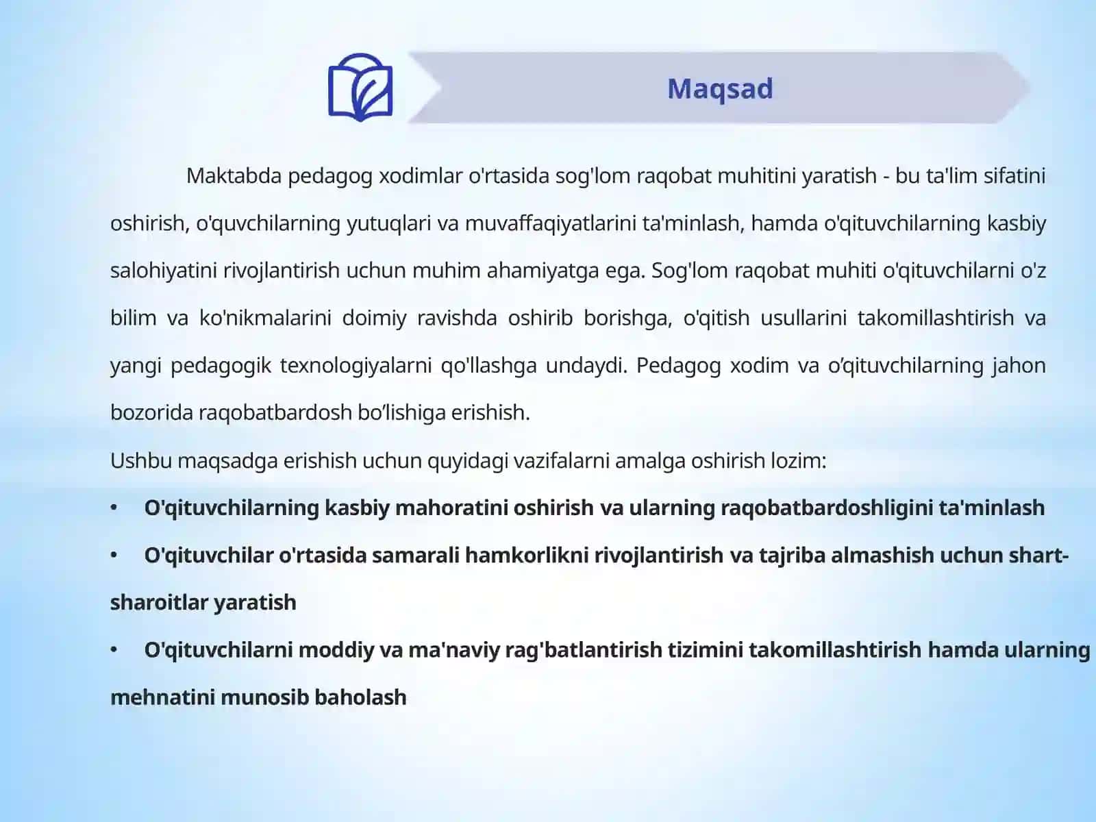 “Maktabda pedagog xodimlar o’rtasida sog’lom raqobat muhitini yaratish”  mavzusidagi   AMALIY TOPSHIRIG’I 4