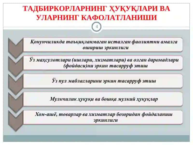 Кичик бизнес ва хусусий тадбиркорлик фаолиятининг ижтимоий асослари 4