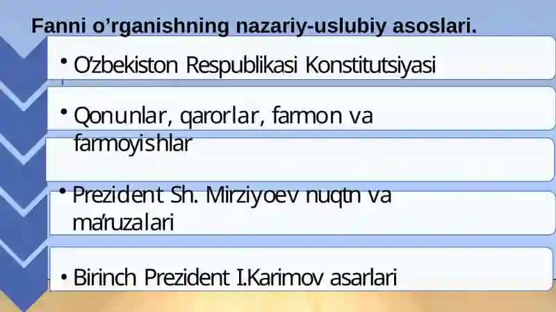 “O’zbekistonning eng yangi tarixi” o’quv  fanining predmeti, maqsadi	va vazifalari,  nazariy-metodologik tamoyillari. 4