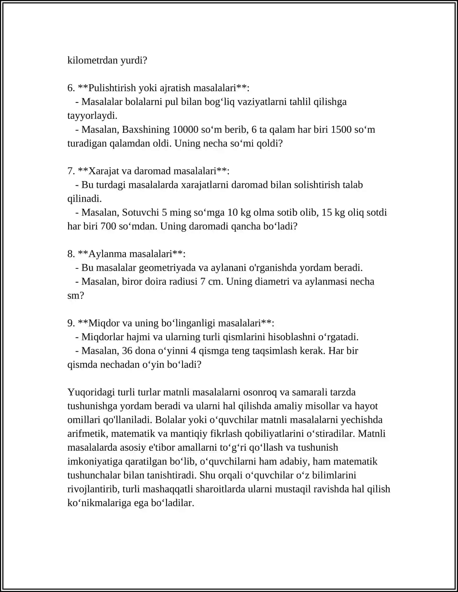 MATNLI MASALALAR YECHISH.MATNLI MASALALAR TURLARI,YECHISH USULLARI 4