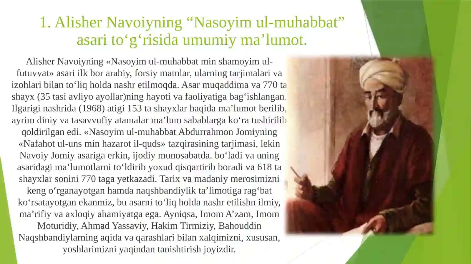 Alisher navoiyning “Nasoyim ul-muhabbat” tazkirasida tasavvuf masalalari. Dinimizdagi mazhablarga asos solgan Imomlar to‘g‘risida. 4