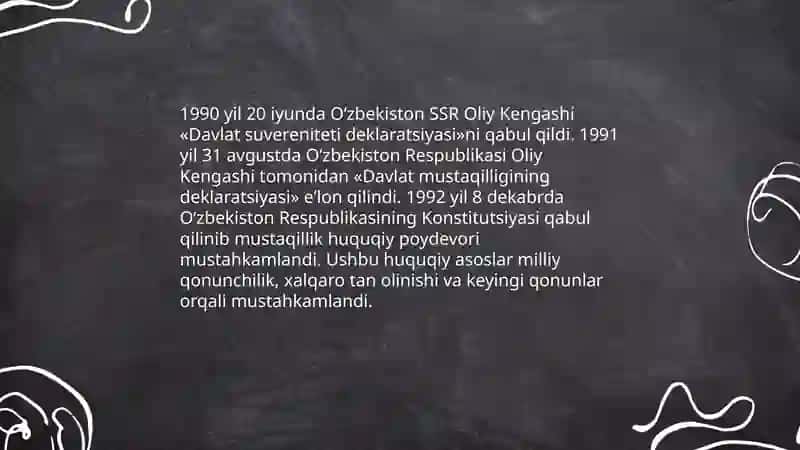 Mustaqil Oʻzbekiston respublikasining tashkil topishining tarixiy ahamiyati 4