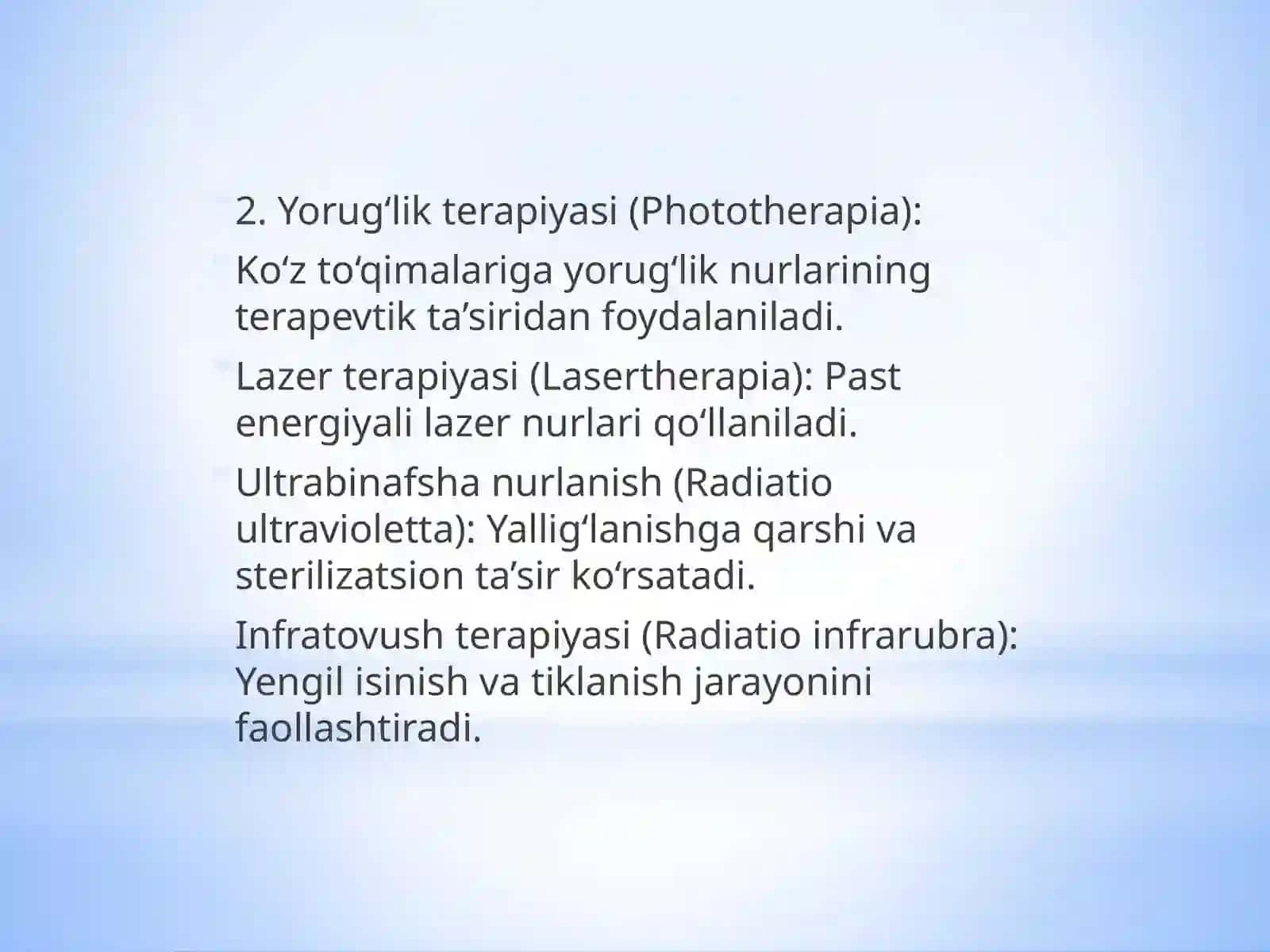 Oftalmologiyada qo‘llaniladigan fizioterapevtik davolash usullari 4