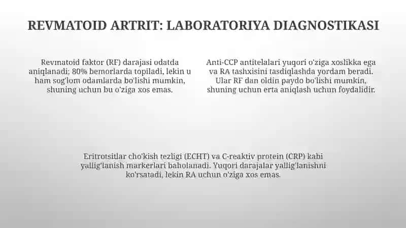 Biriktiruvchi toʻqima tizimli kasalliklari, Revmatoid artrit Qizil boʻricha laborator diagnostikasi 4