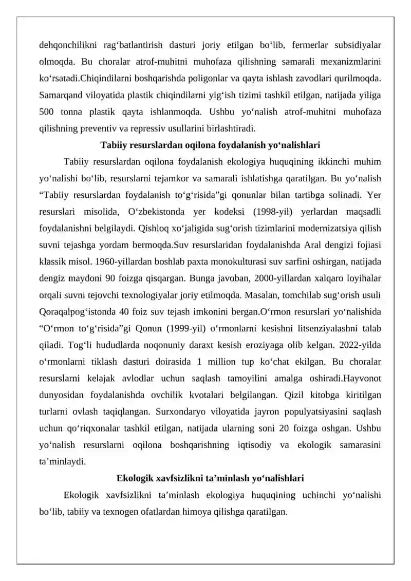 Ekologiya huquqining tushunchasi, yo‘nalishlari, obyektlari tamoyillari 4