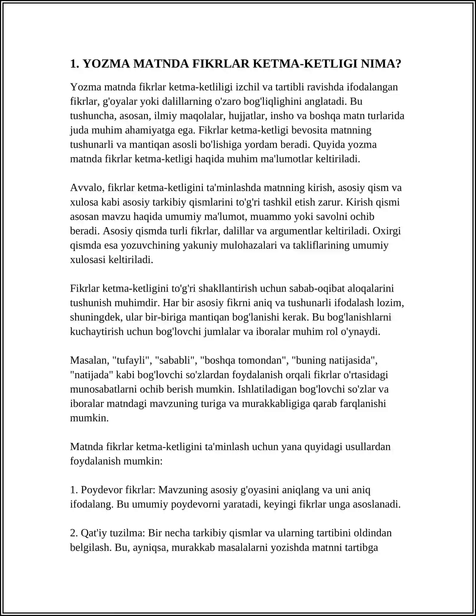 YOZMA MATNDA FIKRLAR KETMA-KETLIGI 4