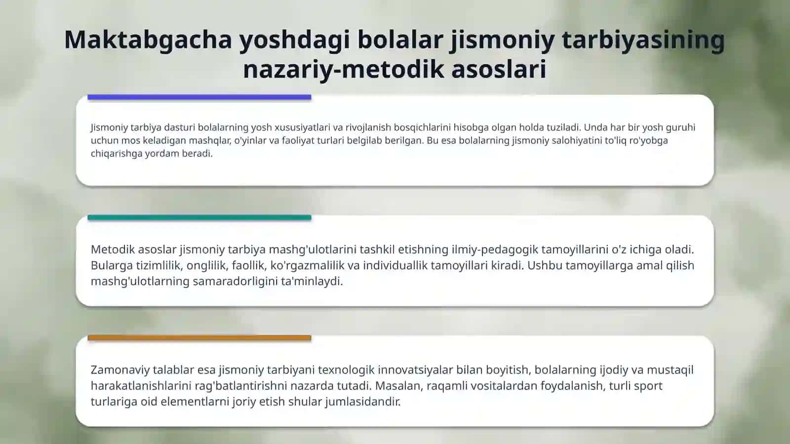 Maktabgacha ta'limda jismoniy tarbiya metodikasi vazifalarini tadbiq etish 4