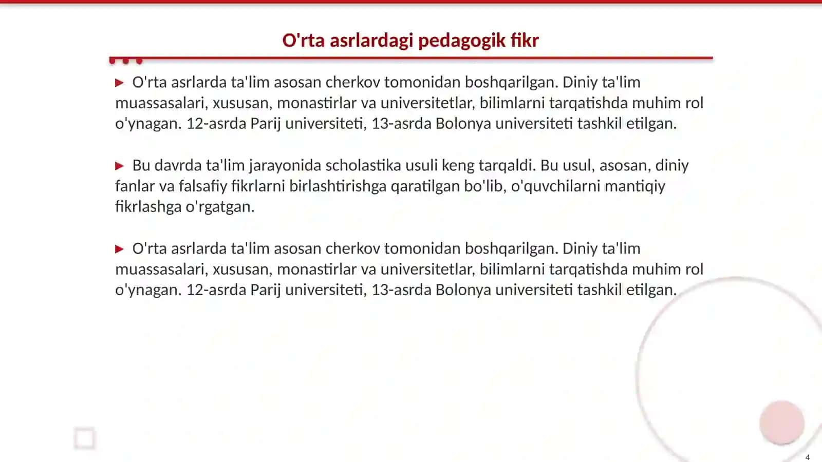 Eng qadimgi davrlardan XIX asrning birinchi yarmida jahon pedagogika fanining rivojlanish tarixi. Ya.A.Komenskiyning pedagogik nazariyasi 4