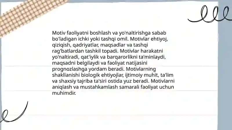Faoliyat tushunchasi, uning tuzilmas (motiv, maqsad, harakat, natija) va asosiy turlari (o'yin, o'qish, mehnat, ijodiy faoliyat) haqida 4