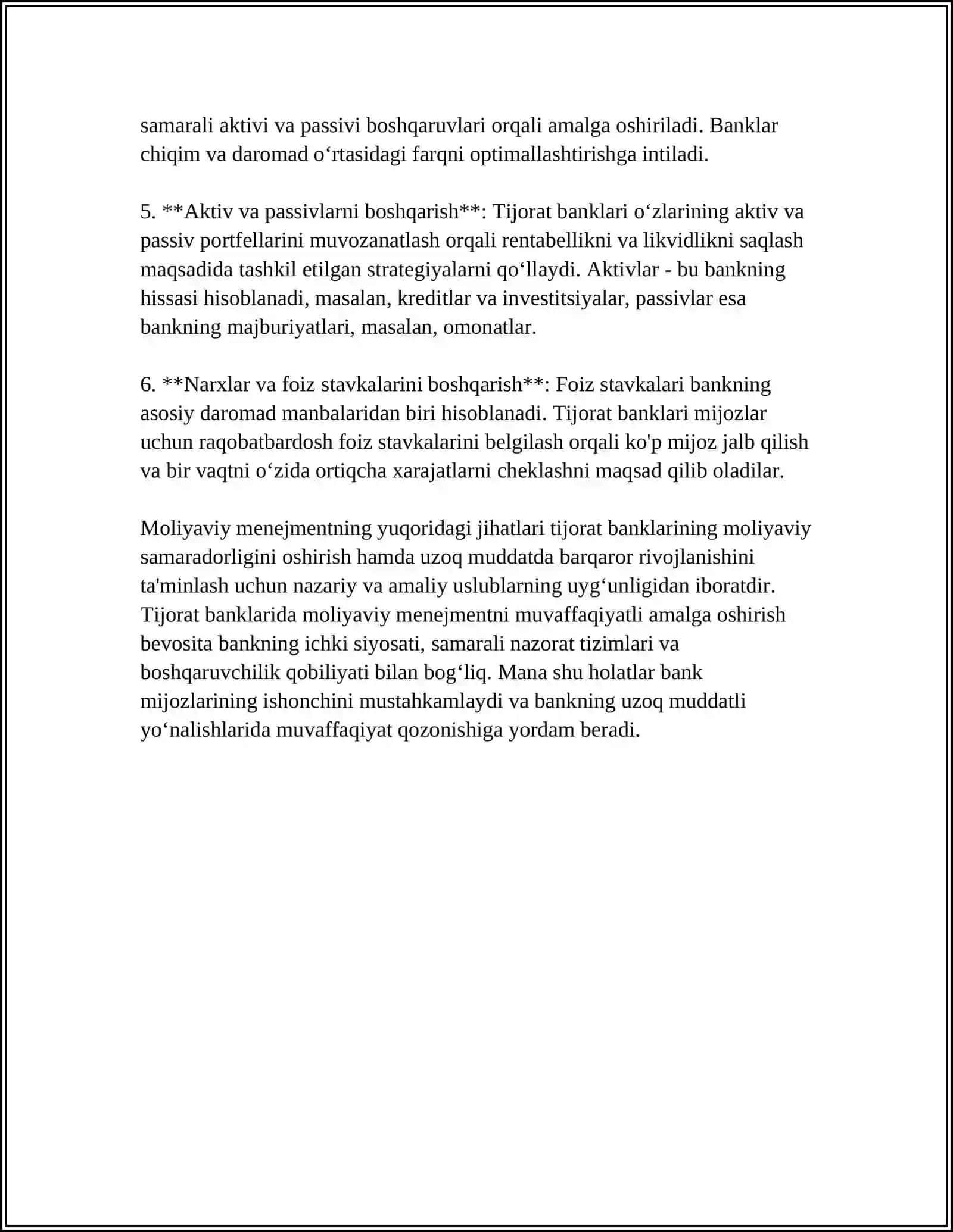 MUSTAQIL ISH Mavzu: TIJORAT BANKIDA MOLIYAVIY MENIJMENTNING MAZMUNI 4
