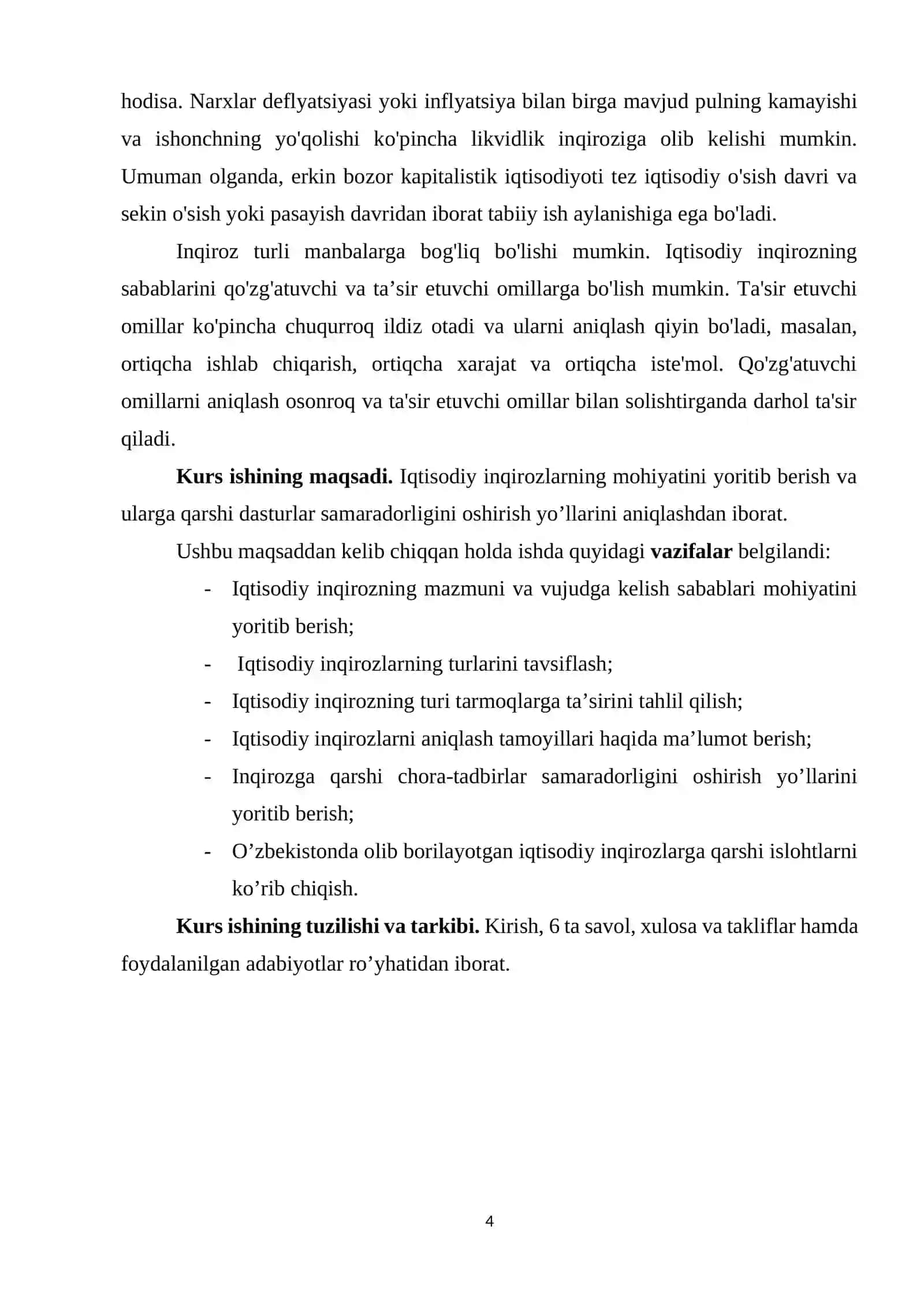 Iqtisodiy inqirozlar va ularga qarshi chora – tadbirlar samaradorligini oshirish yo’llari. 4