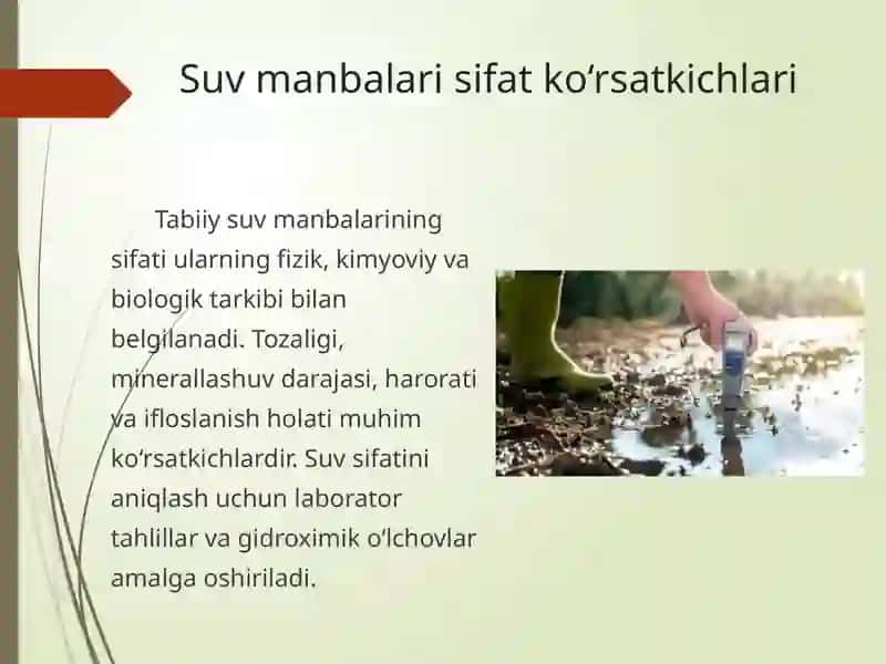 Tabiiy suv manbalarini xarakteristikalash, manba'larning debiti va uning faoliy o‘zgarishi 4