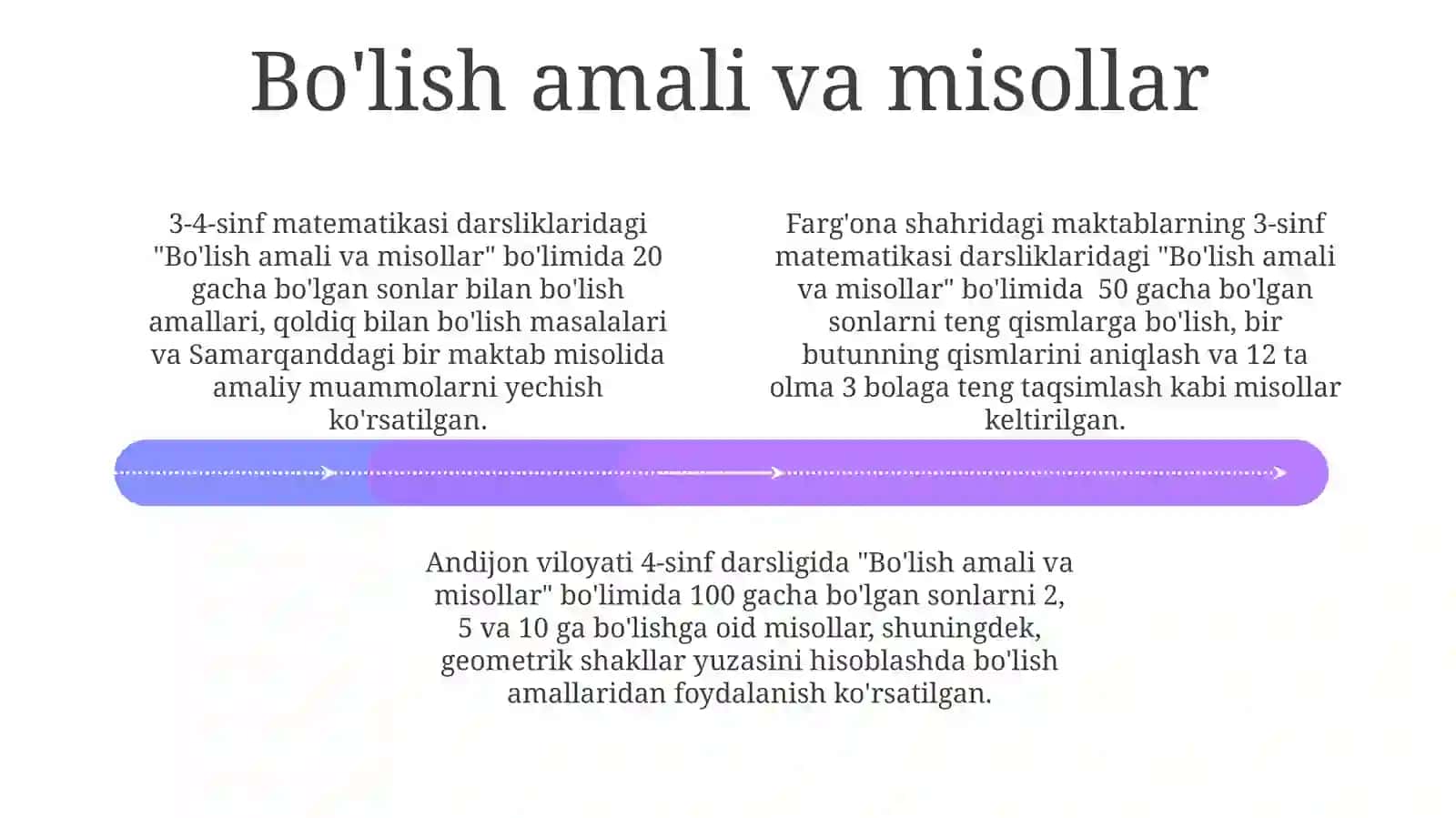 4-sinf geometriya mashqlarida, Samarqand viloyati maktablarida, hajmi 10 kub sm bo'lgan kub va parallelpipedlarning yuzasi hisoblash masalalari beriladi 4