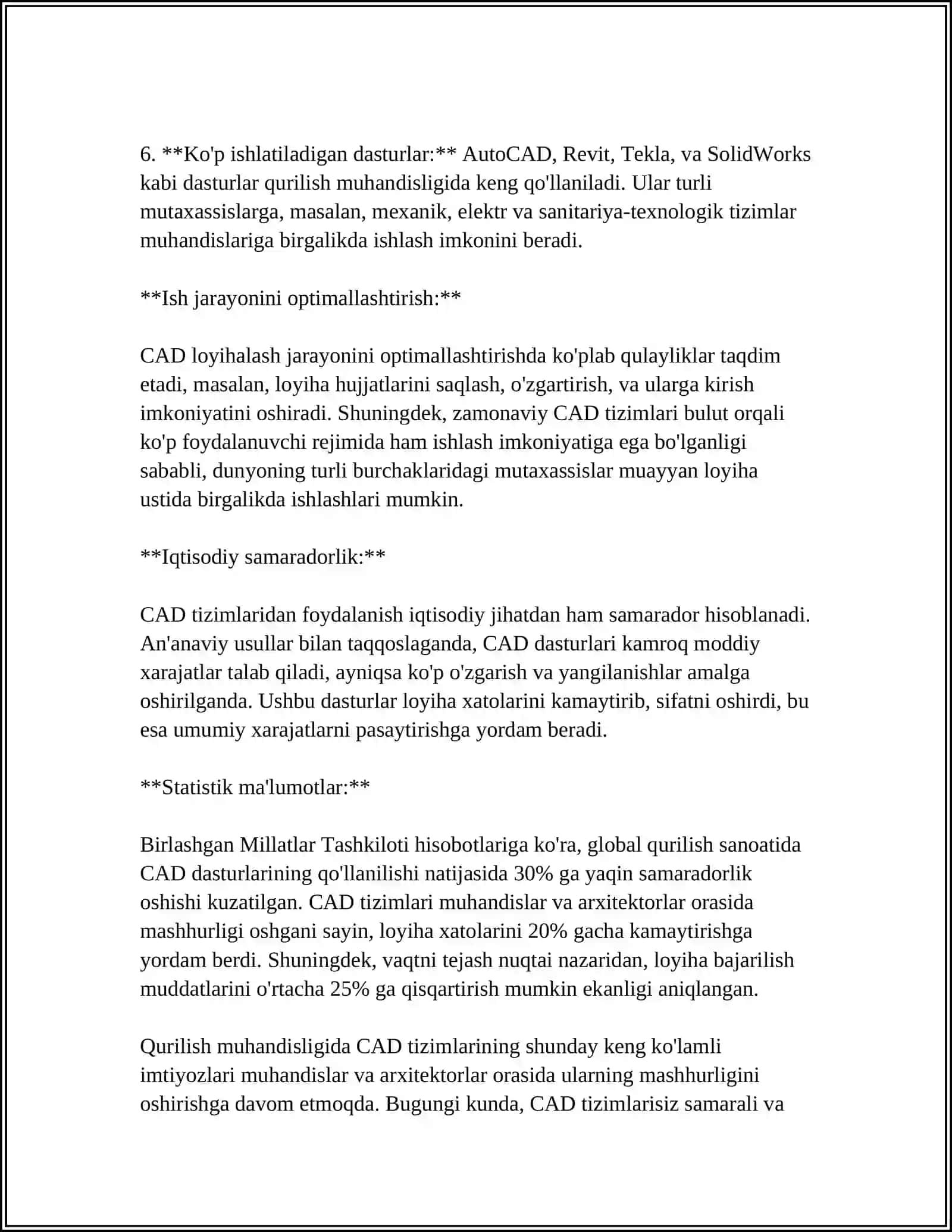 MUSTAQIL ISH Mavzu: QURILISH MUHANDISLIK CAD TIZIMLARINI AVZALLIKLARI MISOLLAR. ISHLARIDA QO'LLASH 4