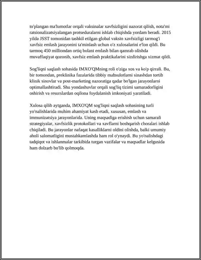 IMXO'QM NI SOGʻLIQNI SAQLASH SOHASINING TURLI YOʻNALISHLARIDA QOʻLLASH. EMLASH VA IMMUNIZASIYA 4