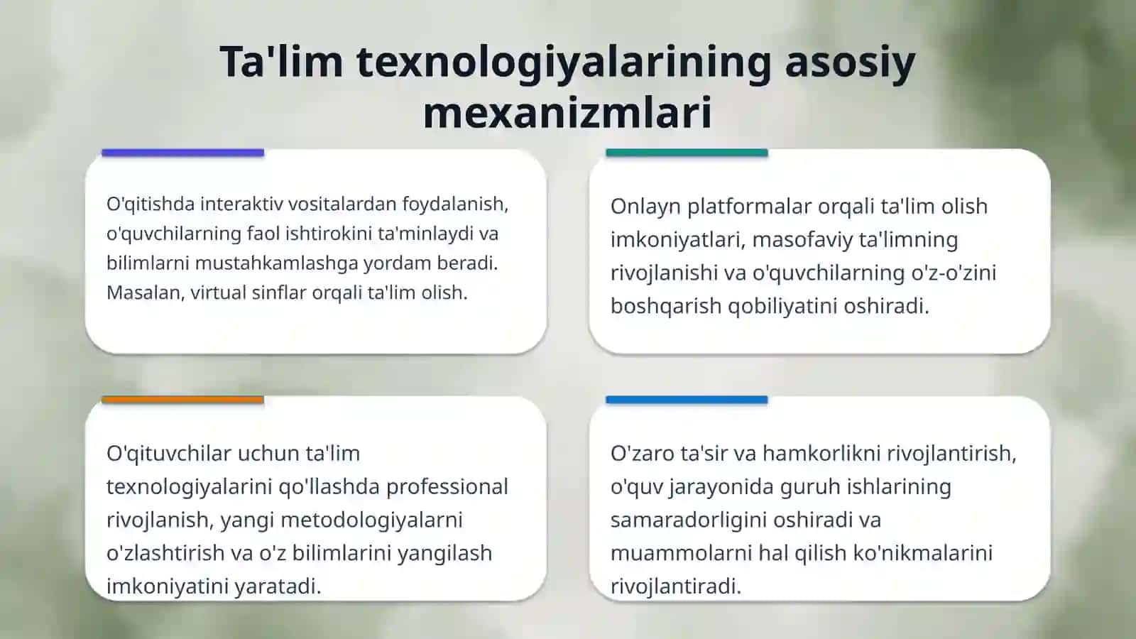 Texnologik yondashuvning mustaqil tarmog’i sifatida ta’lim texnologiyalarining taraqqiy etish mexanizmlarini tahlil qilish 4