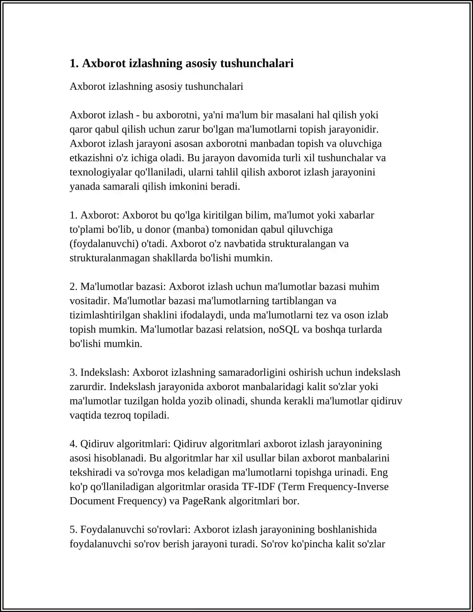 AXBOROTLARNI IZLASH VA TANLASH TAMOYILLARI, MA'LUMOTLARNING AXBOROTLI MODULLARI 4