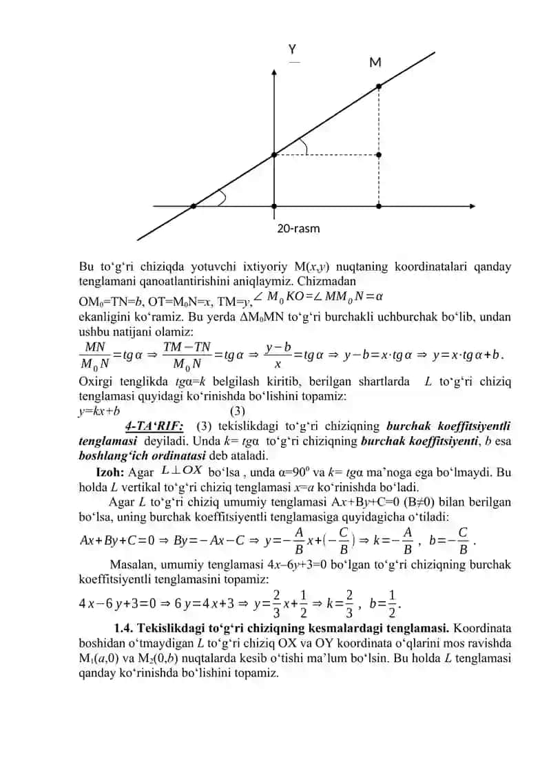 Fazoda analitik geometriya  elementlari. To`g`ri chiziq va tekislik tenglamalari 4