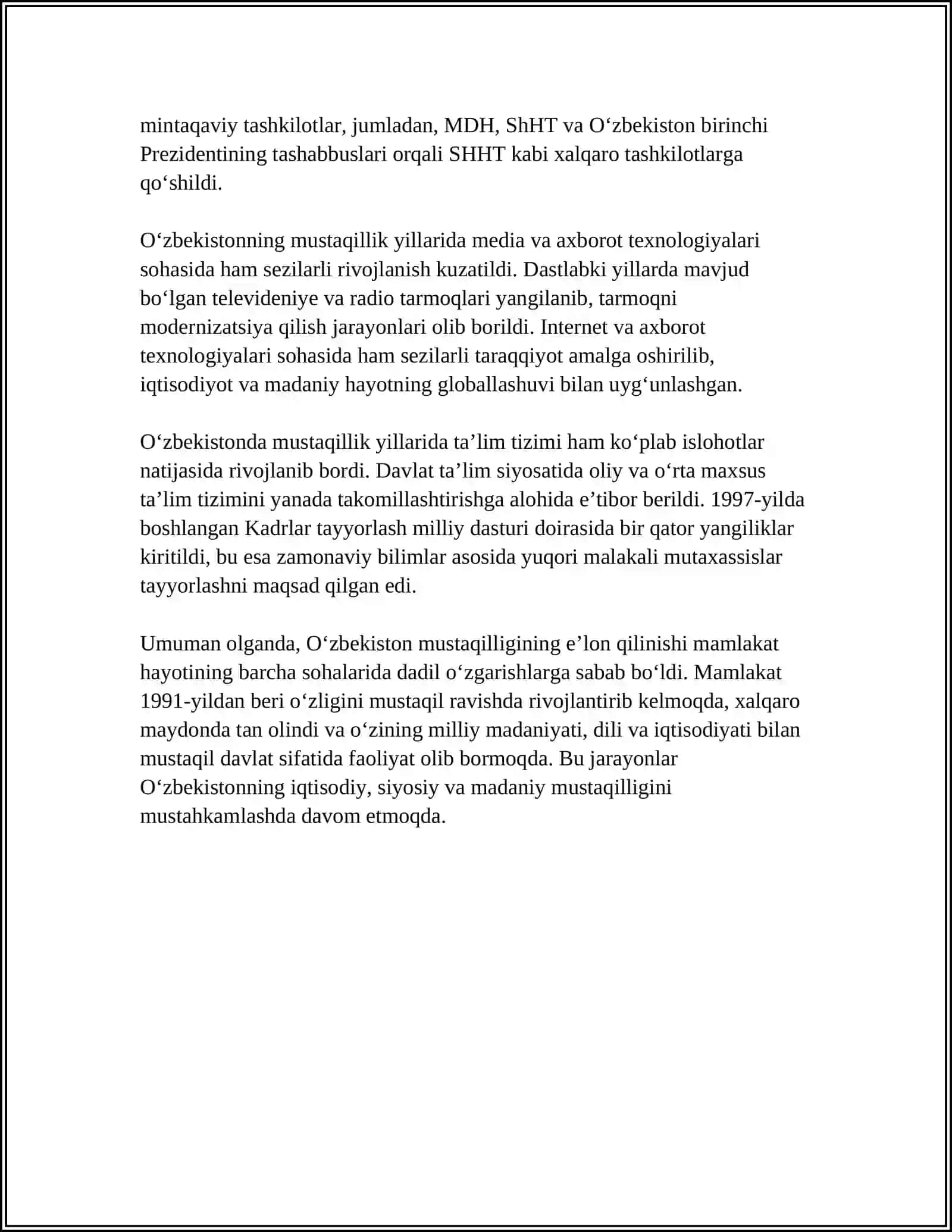 MUSTAQIL O‘ZBEKISTON RESPUBLIKASI TASHKIL TOPISHINING TARIXIY AHAMIYATI. O‘ZBEKISTONNING O‘ZIGA XOS ISTIQLOL VA TARAQQIYOT YO‘LI 4