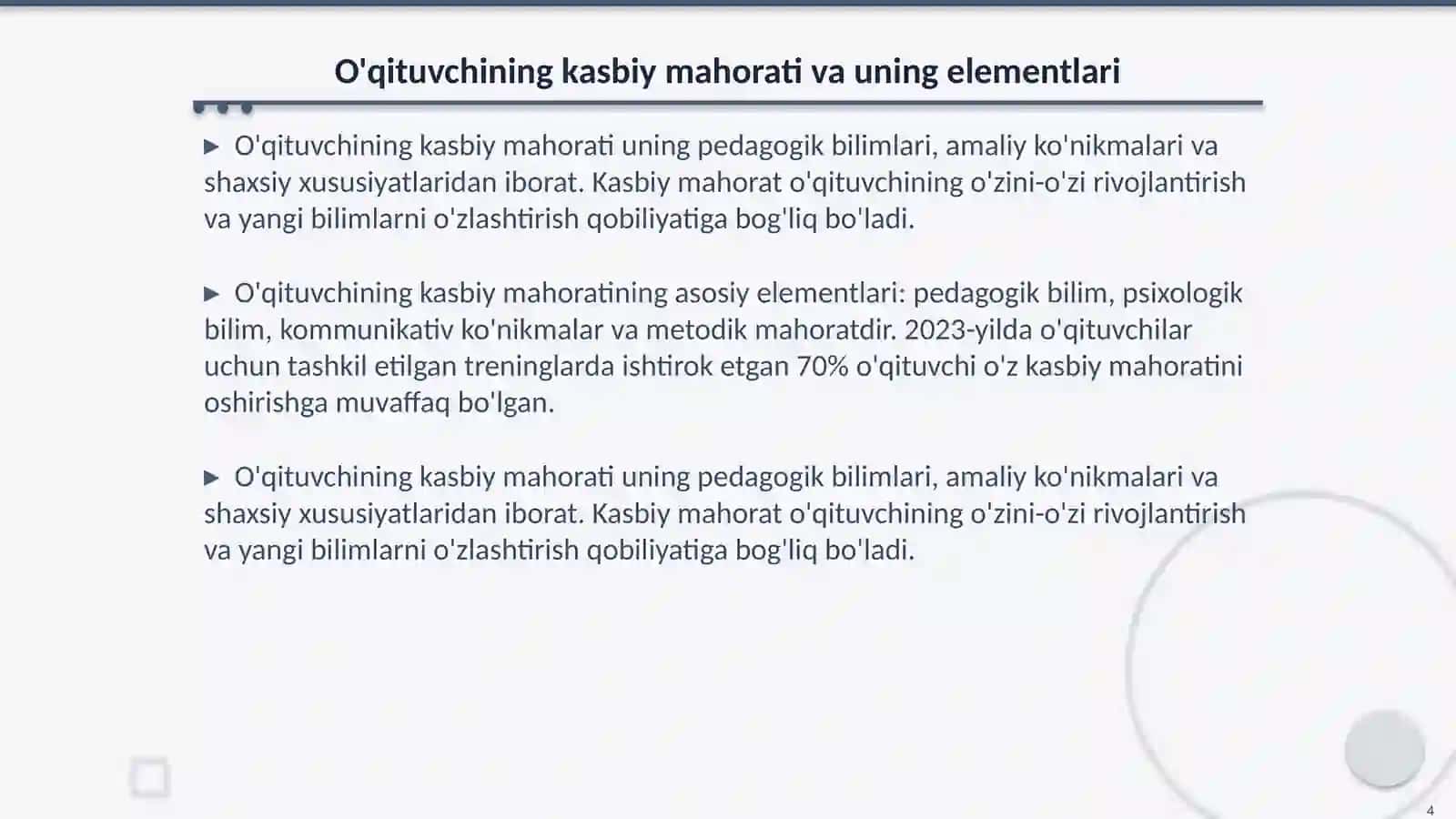 Oʻqituvchining pedogogik faoliyati.Kasbiy mahorati 4