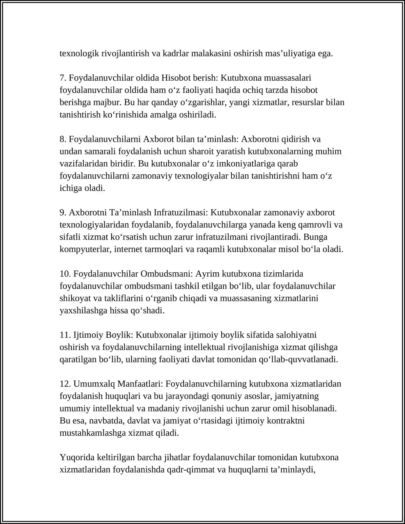 FOYDALANUVCHILAR MANFAATLARINI HIMOYA QILISH VA KUTUBXONA AXBOROT MUASSALARIDA SIFATLI XIZMAT KO‘RSATISHNING HUQUQIY KAFOLATI 4