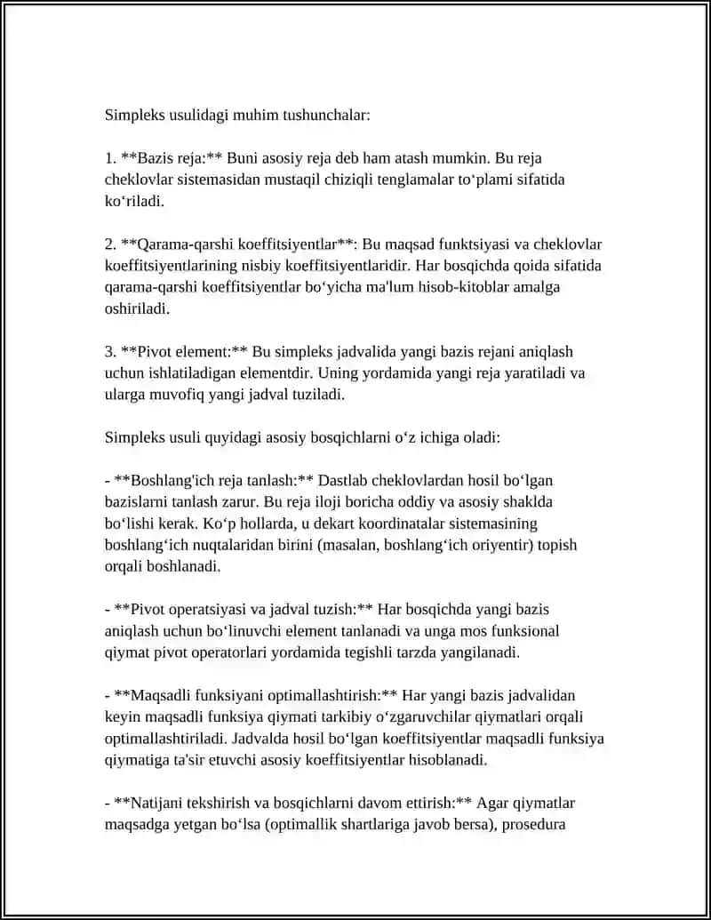 CHIZIQLI PROGRAMMALASHTIRISH MASALASINI SIMPLEKS USULIDA YECHISH 4