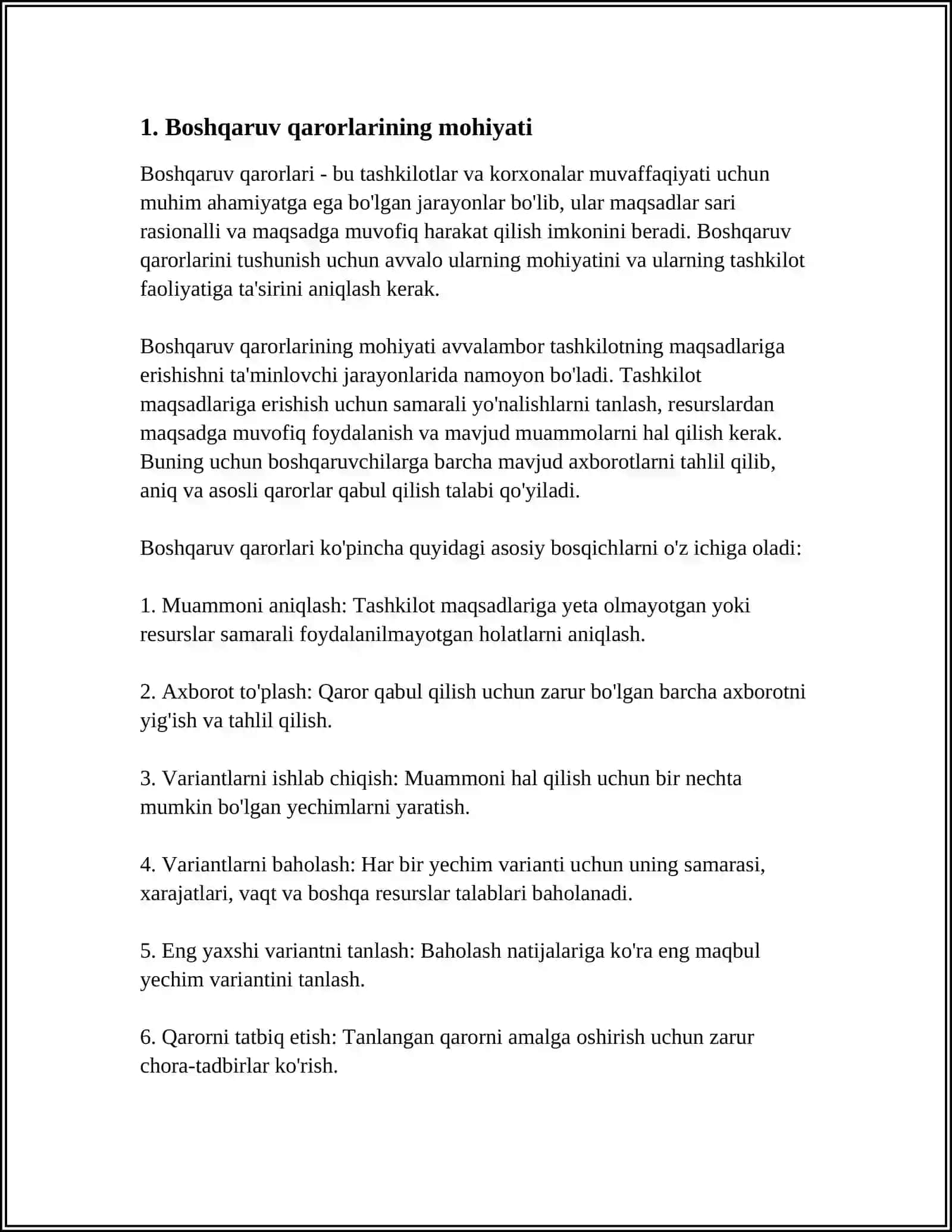 BOSHQARUV QARORLARNING MOHIYATI VA ULARGA QUYILADIGAN TALABLAR 4