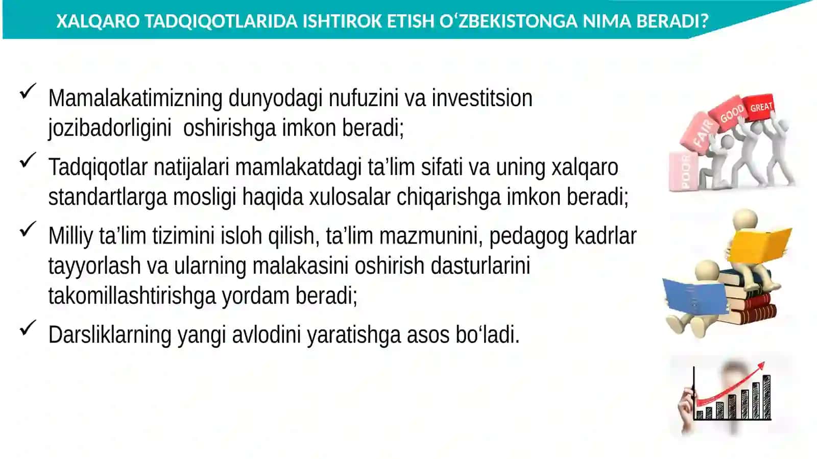 XALQARO BAHOLASH DASTURLARI (PIRLS, PISA va TIMSS) NATIJALARI ASOSIDA TAʼLIM SIFATINI OSHIRISH 4