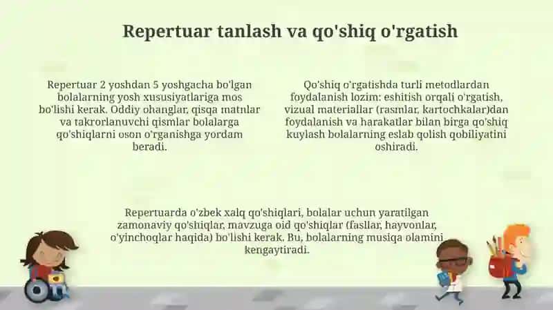 Maktabgacha tayyorlov yoshdagi bolalar uchun musiqa rahbarining asosiy ish rejasi 4
