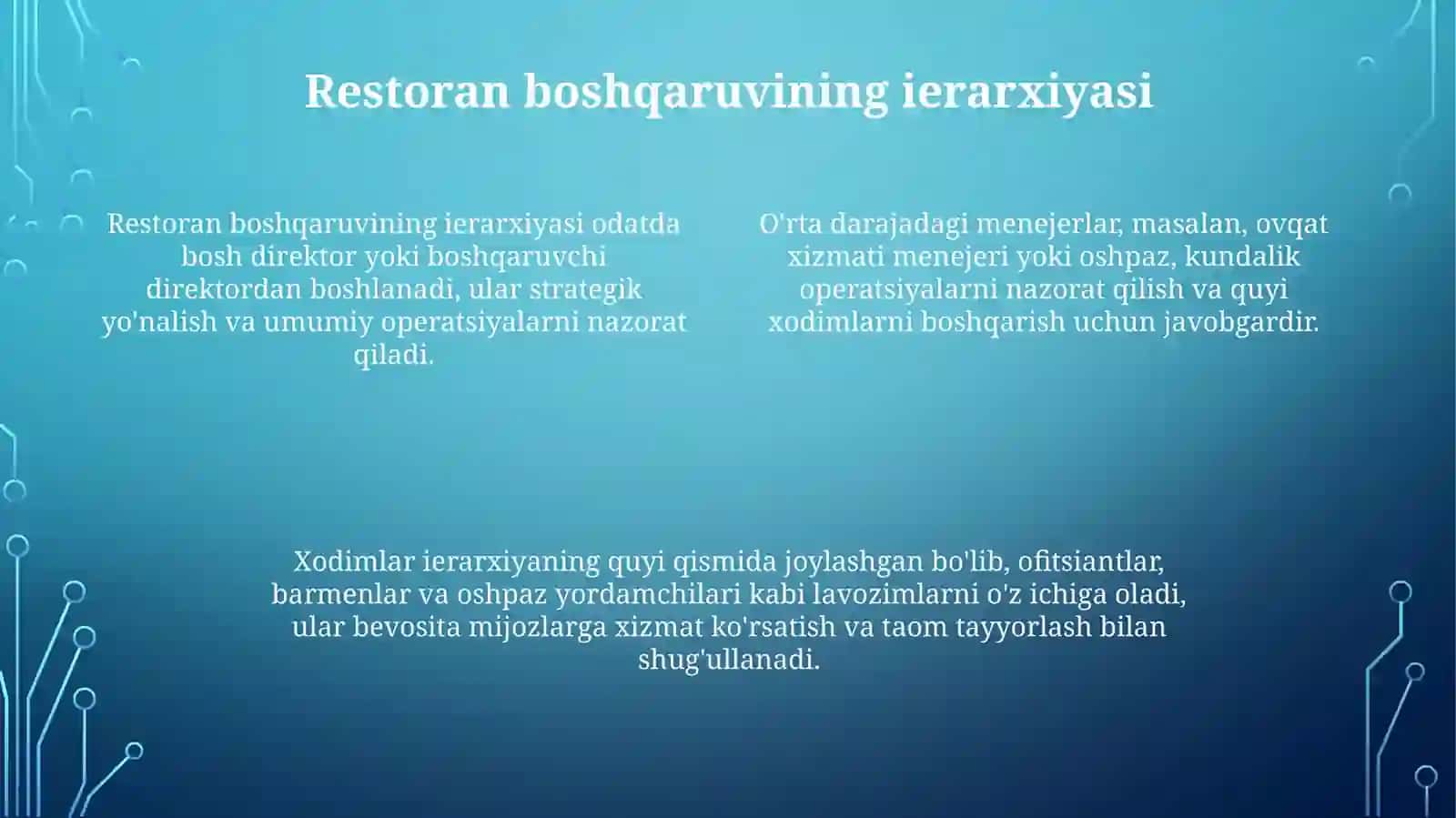 Restoranlar va umumiy ovqatlanish korxonalarning tashkiliy tuzilmalari 4