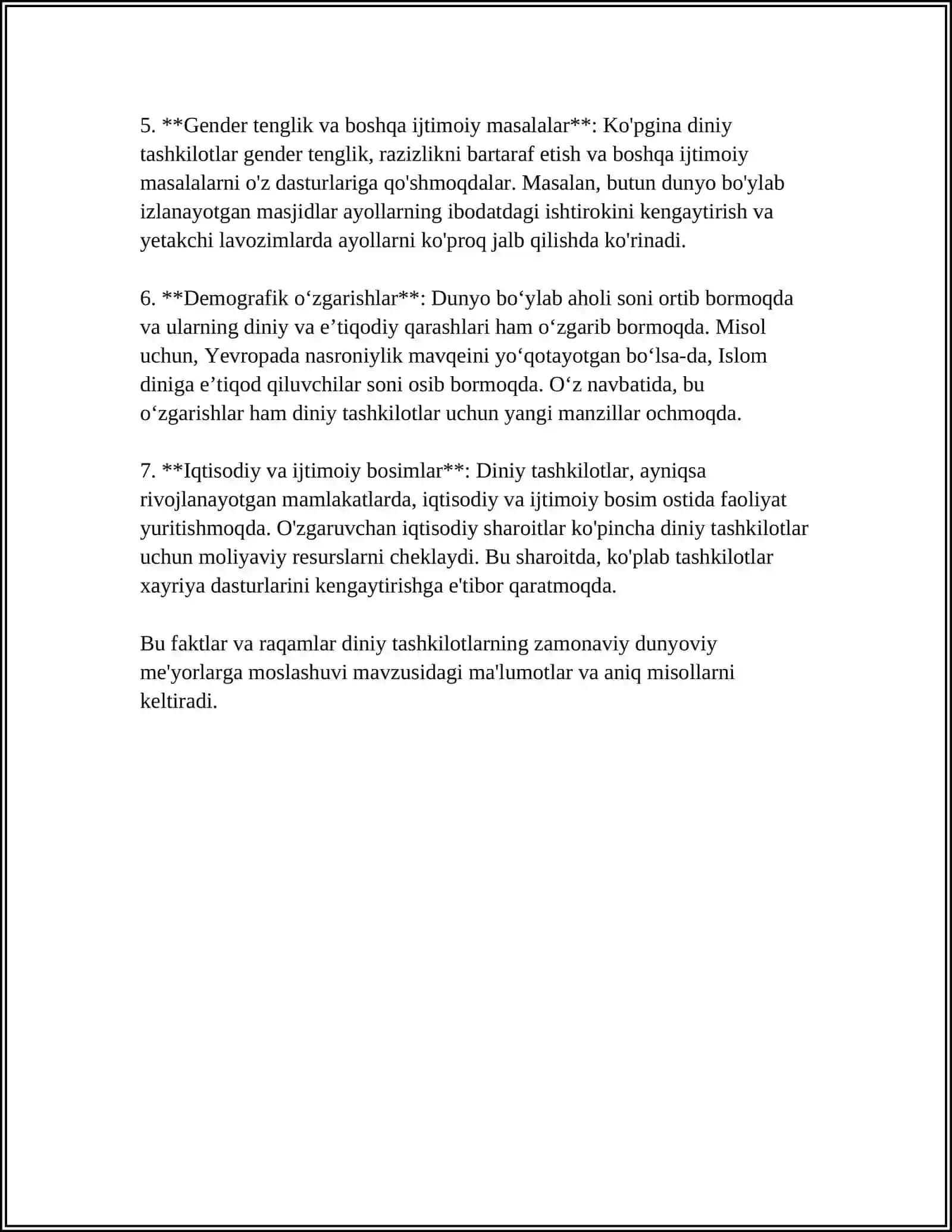 DINIY TASHKILOTLARNING ZAMONAVIY DUNYOVIY ME'YORLARGA MOSLASHUVINING AHAMIYATI 4