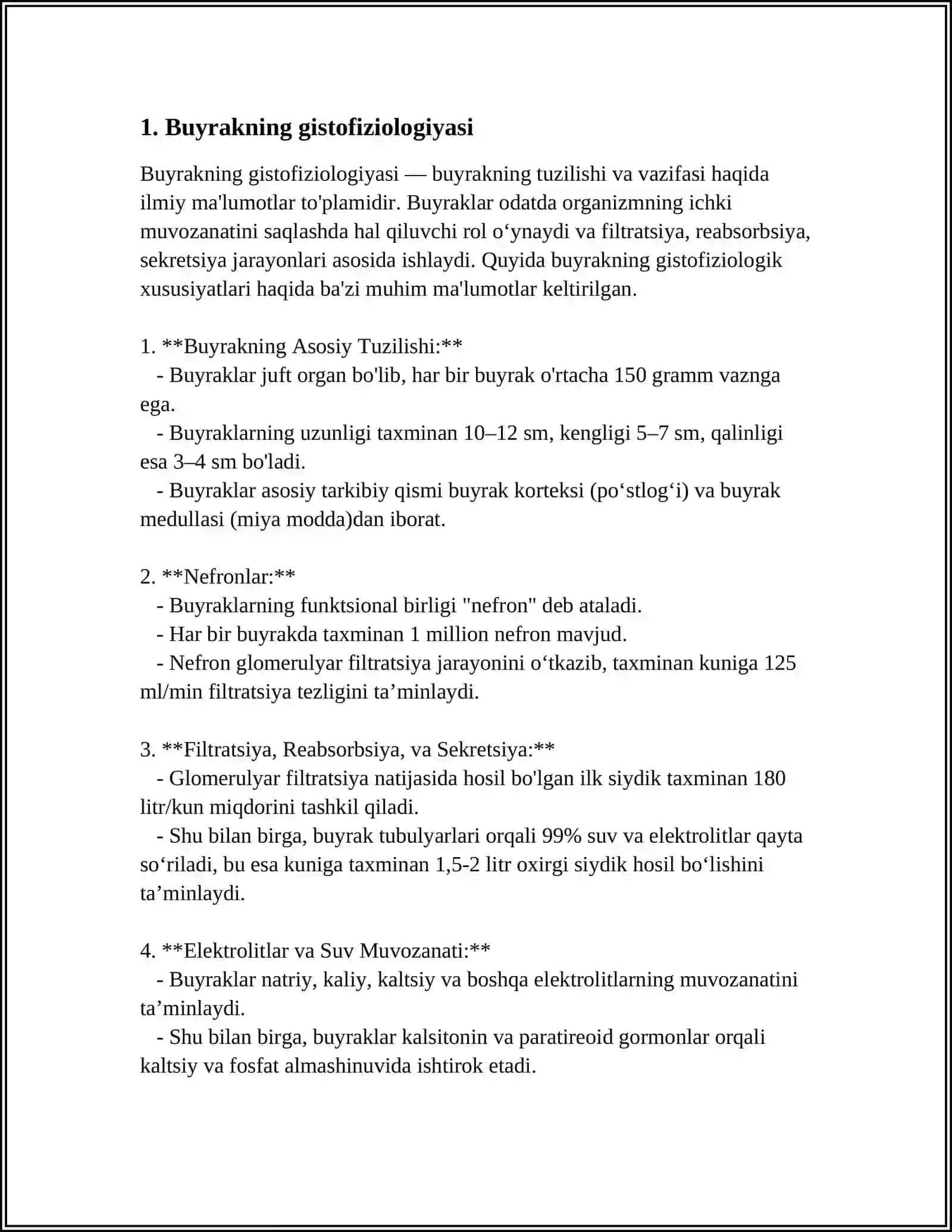 BUYRAKNING YUKSTAGLOMERULYAR APPARATI SITOFIZIOLOGIYASI. NEFRONNING GISTOFIZIOLOGIYASI. BUYRAKLAR TUZILISHI VA REGENERATOR IMKONIYATLARININGYOSHGA DOIR XUSUSIYATLARI 4
