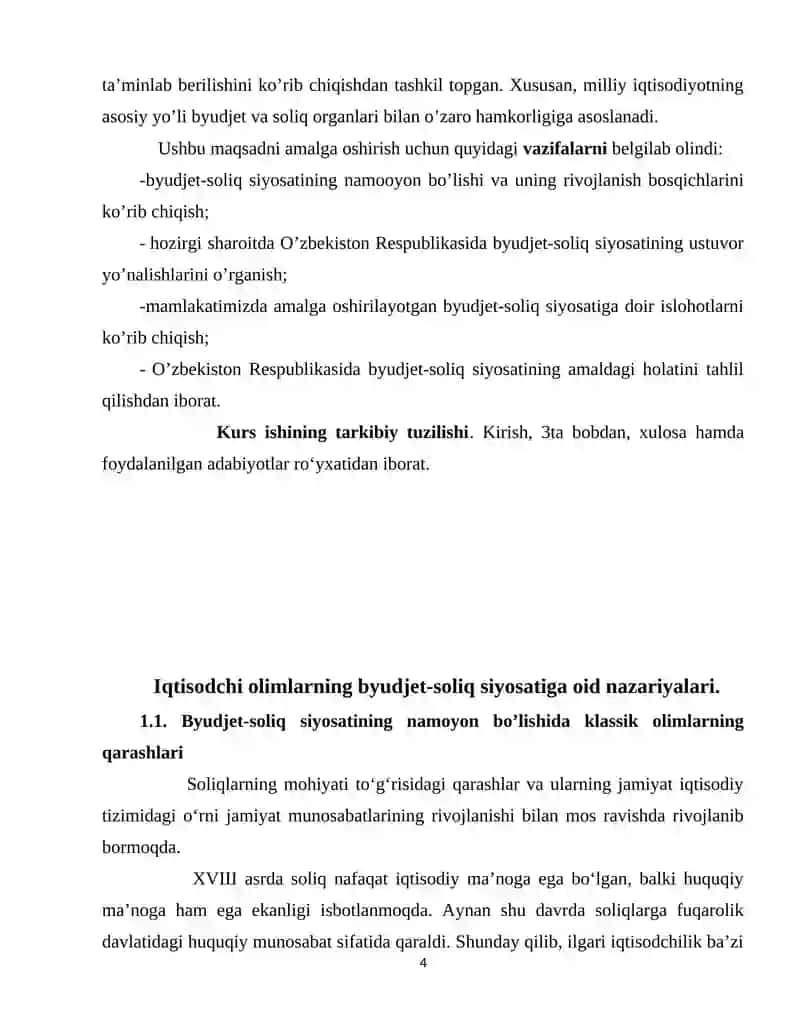 O’zbekistonda byudjet-soliq siyosatining o’ziga xos     xususiyatlari va asosiy yo’nalishlari.kurs ishi 4