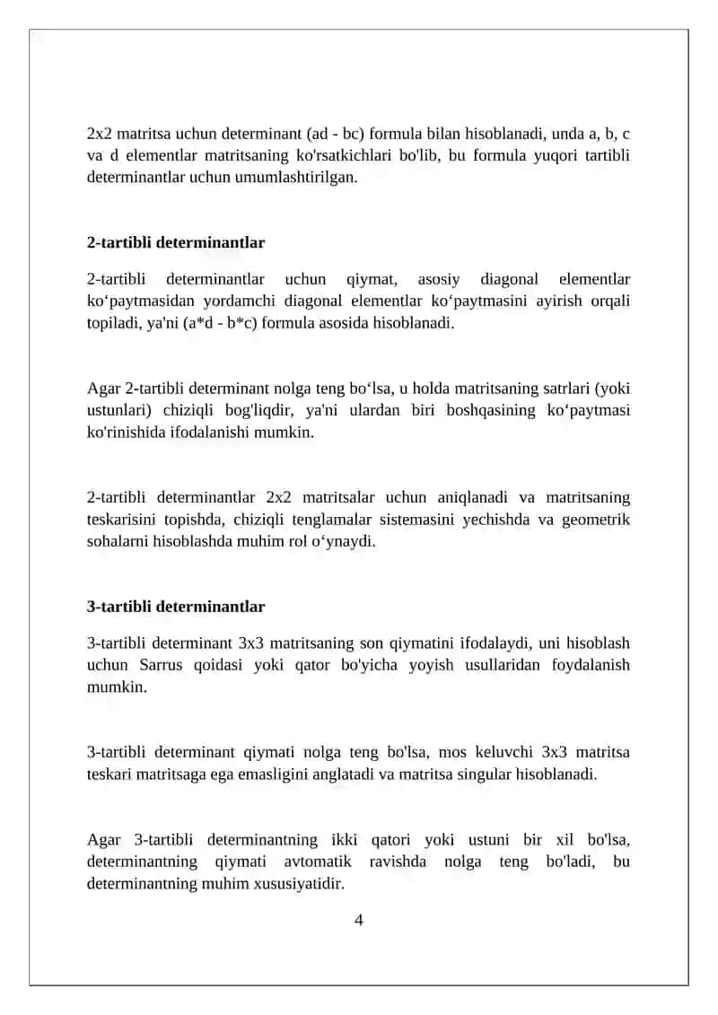 Matritsaning xossalari va yuqori tartibli determinantlar 4
