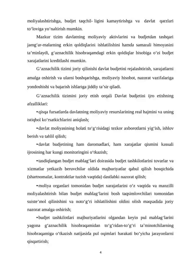Davlat Budjeti GAZNA IJROSINING MAZMUNI MOXIYSTI VA AXAMIYATI 4