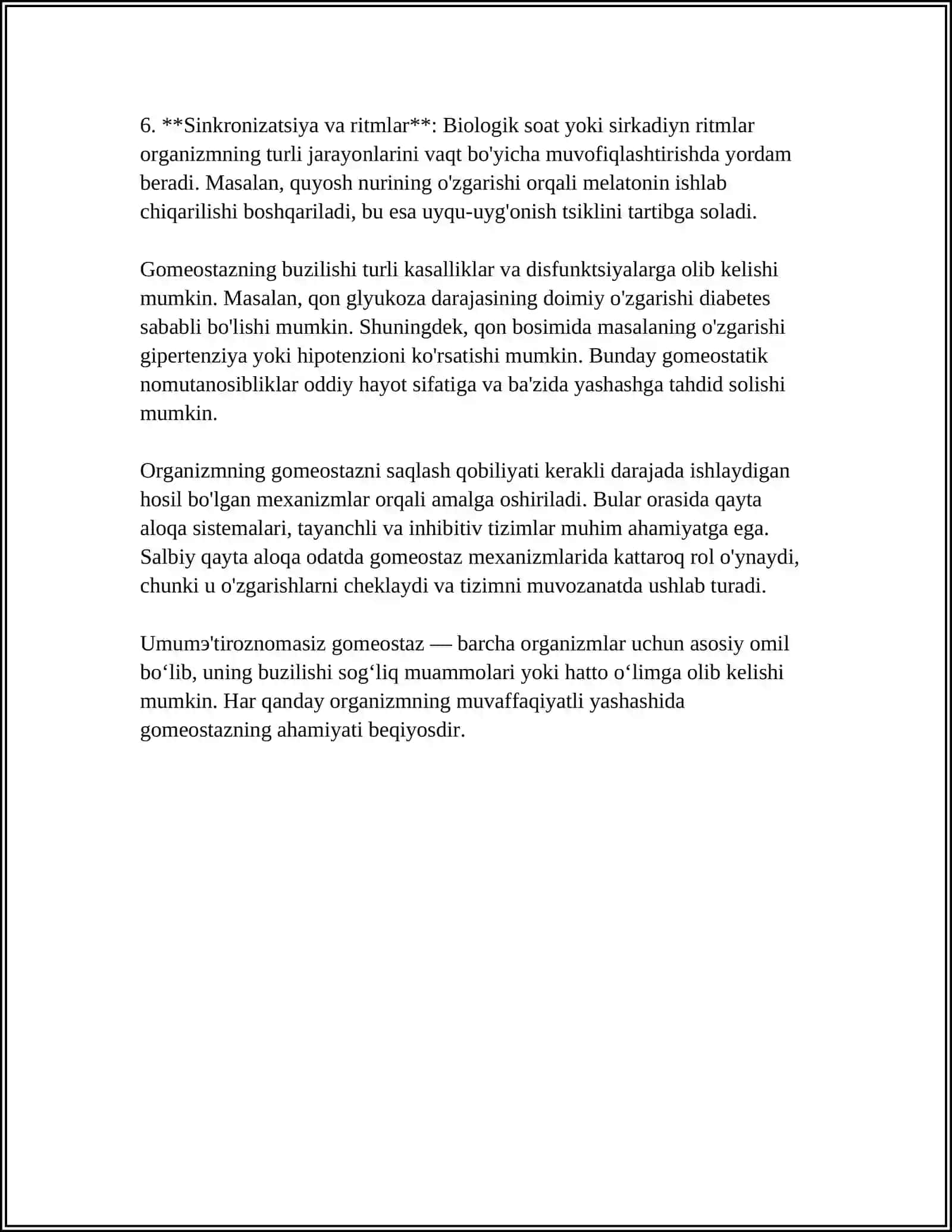 ORGANIZMNI 0'Z O'ZINI BOSHQARISHI FUNKSIONAL BOSHQARUV MEXANIZMLARI. GOMEOTAZ. ADAPTATSIYA 4