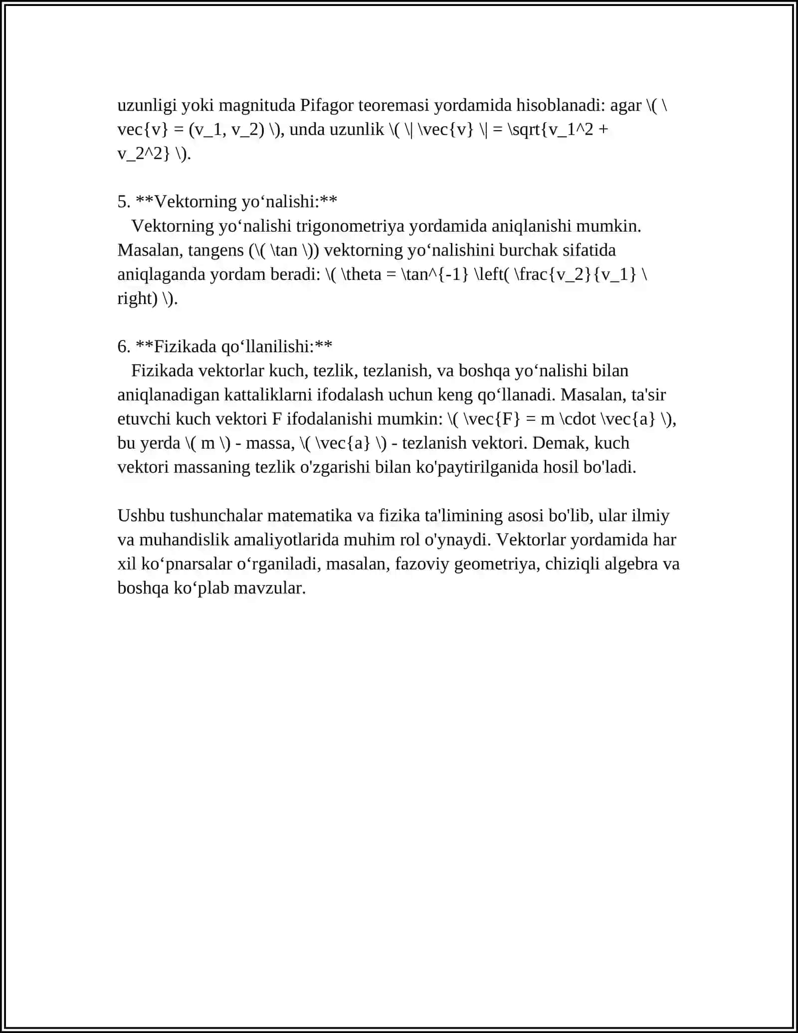 VEKTORLARNING VEKTOR KÔPAYTMASINING XOSSALARINING ISBOTLANISHI MUSTAQIL ISH 4