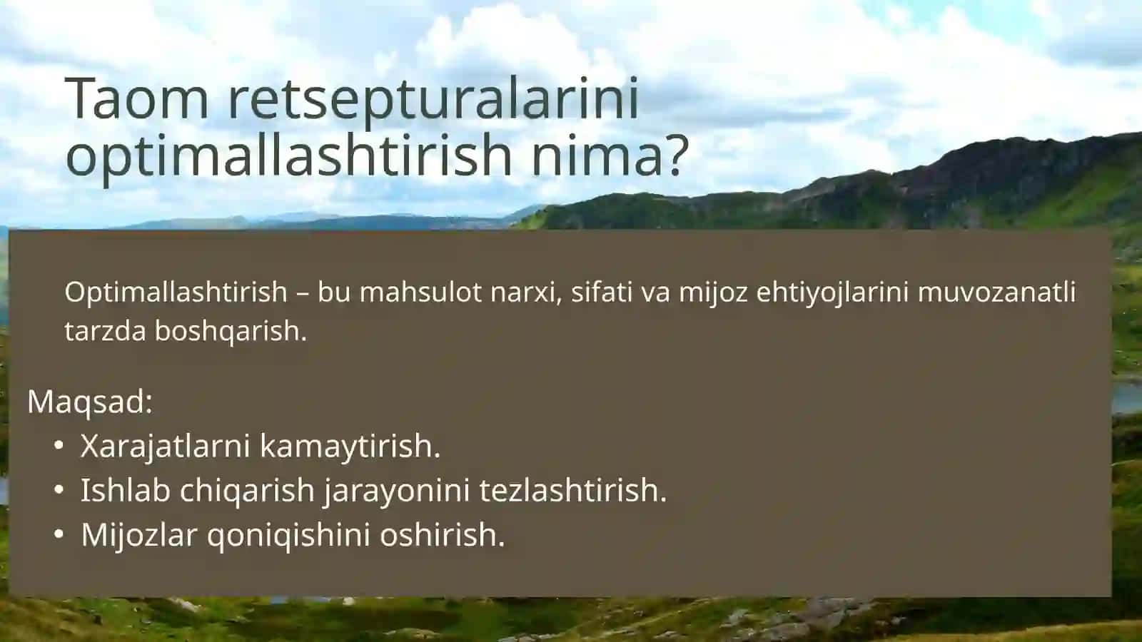 Ovqatlanish korxonalarida taomlar retsepturalarini optimallashtirish orqali korxona samaradorligini oshirish 4