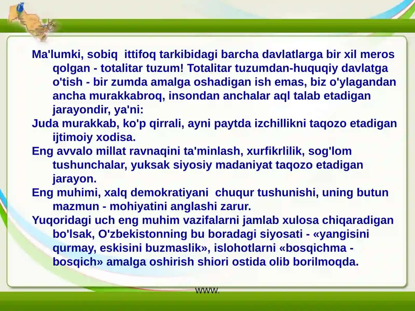Mustaqillik yillarida o’zbekistonda iqtisodiy va madaniy taraqqiyot 4