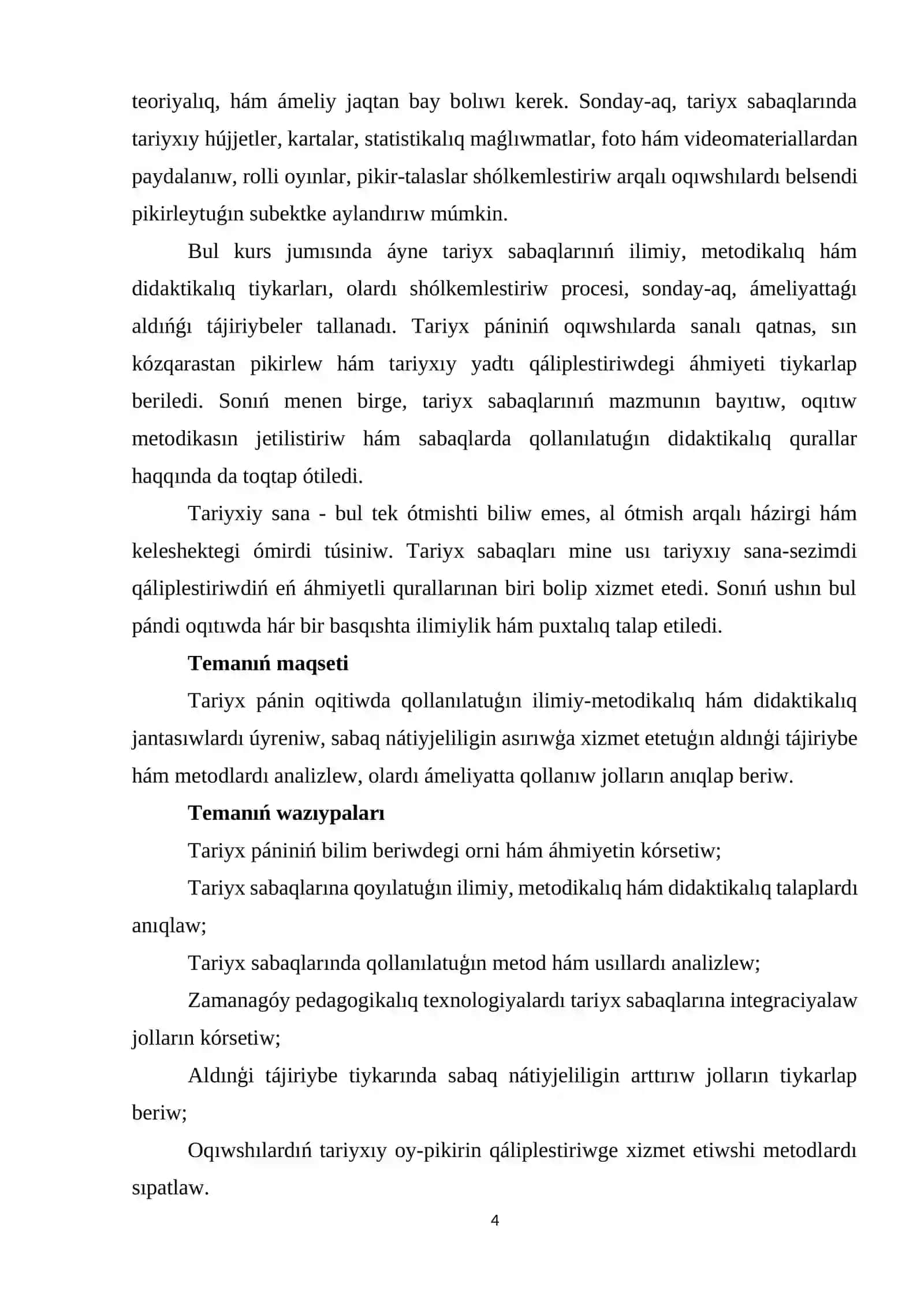 TARIYX TÁLIMINIŃ MAZMUNI HÁM ILIMIY-METODIKALIQ TIYKARLARI 4