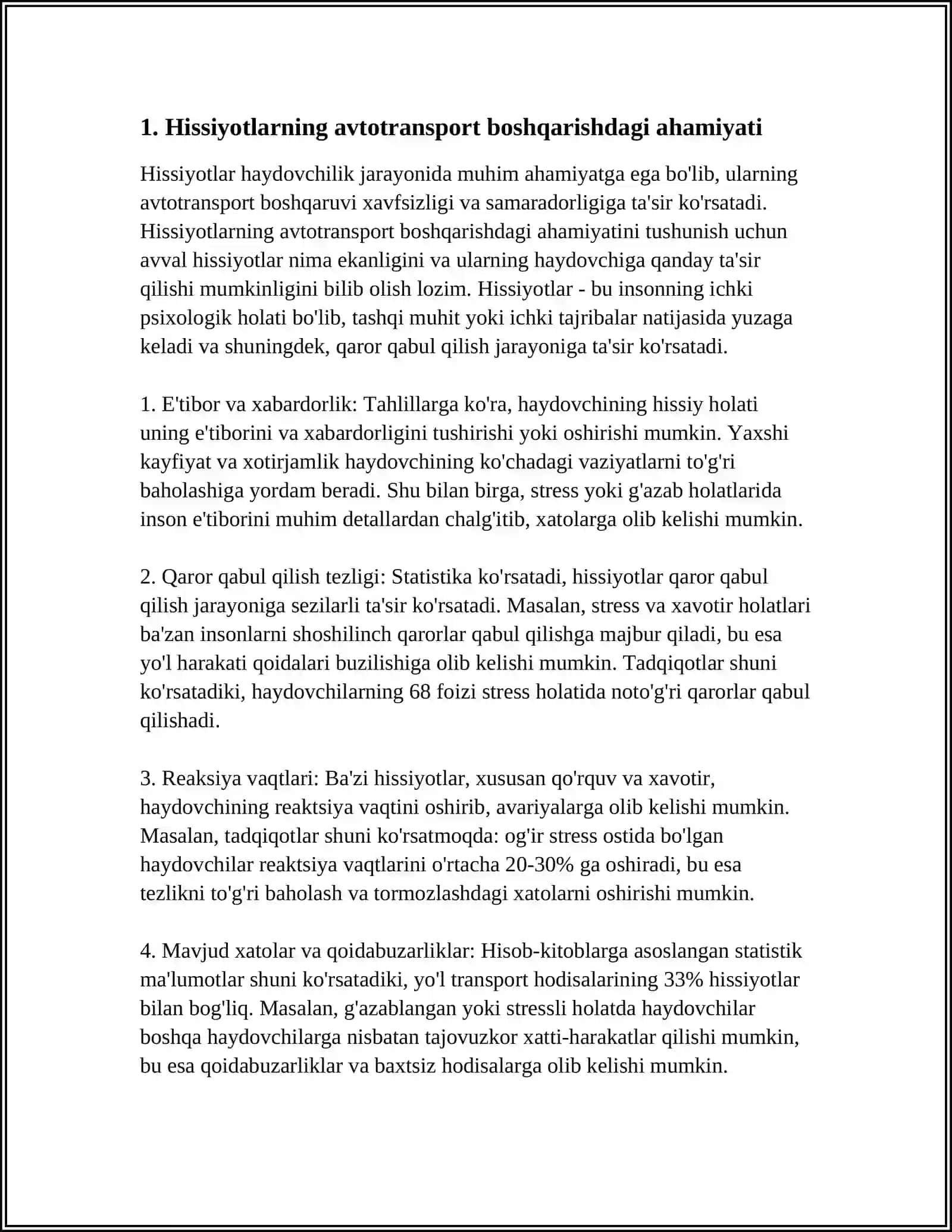 HISSIYOT VA IDROKNING AVTOTRANSPORT VOSITASINI BOSHQARISHDAGI O‘RNI 4