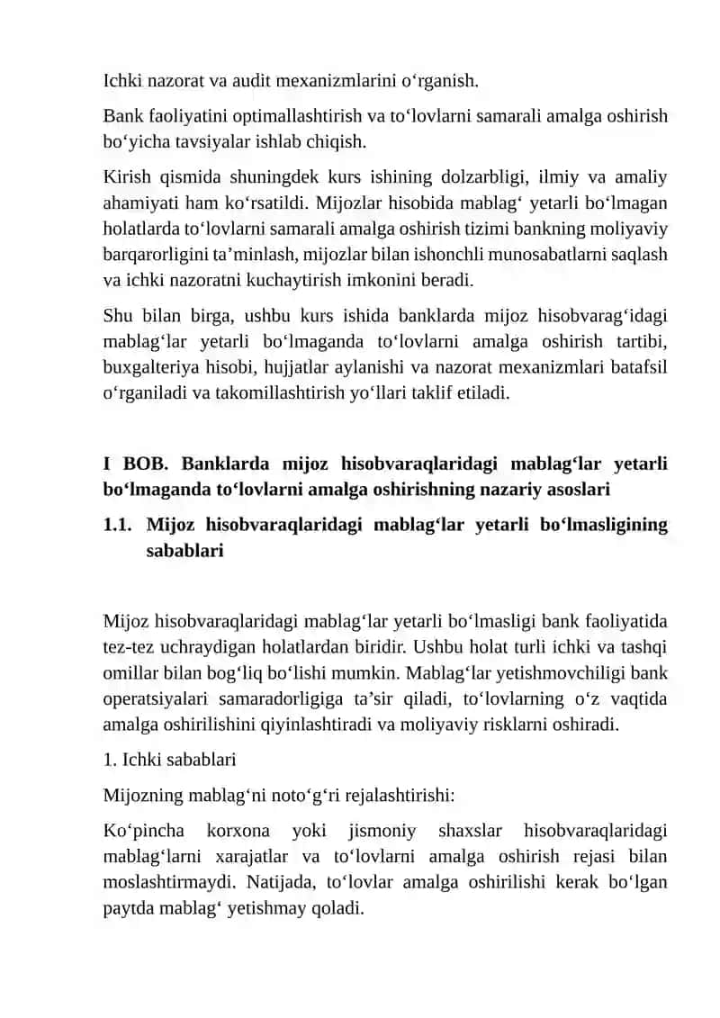 Banklarda mijozning hisobvarag’ida mablag’lar yetarli bo‘lmaganda to‘lovlarni amalga oshirish tartibi va uni takomillashtirish 4