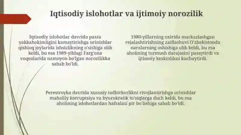 Qayta qurilish yillarida Oʻzbekistondagi ijtimoiy-siyosiy vaziyat 4