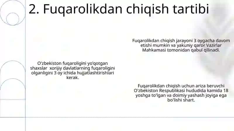 Fuqarolikka ega bo‘lish va uni yo‘qotish asoslari hamda tartibi. 4