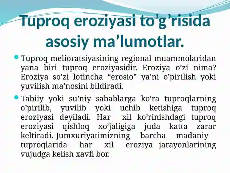 Sug'orib dehqonchilik qilinadigan mintaqalarda irrigatsiya eroziyasi, eroziyalangan tuproqlarni unumdorligini tiklash, oshirish va eroziyadan muhofazalash yo'llari 4