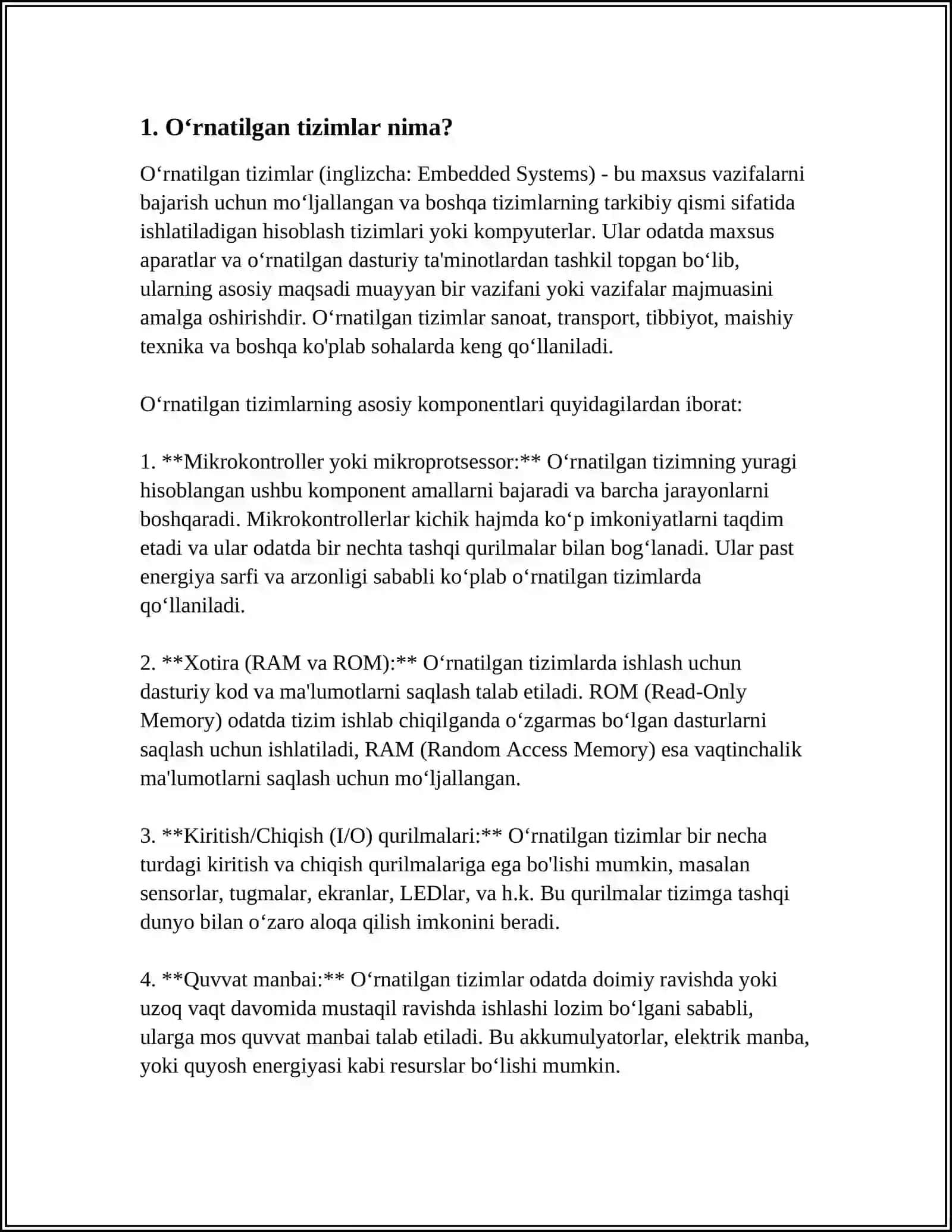 O‘RNATILGAN TIZIMLAR. O‘RNATILGAN REAL VAQT TIZIMLARI KLASSIFIKATSIYASI VA TURLARI 4