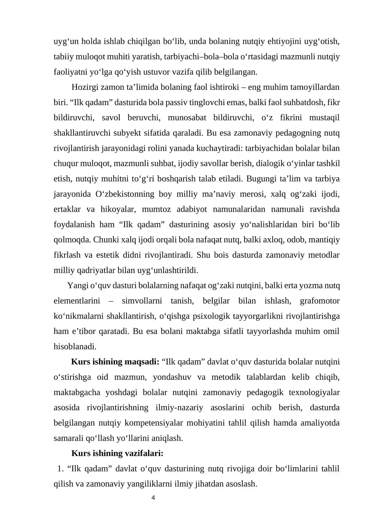 “ILK QADAM” DAVLAT O’QUV DASTURIDA BOLALAR NUTQINI O’STIRISH MAZMUNI 4