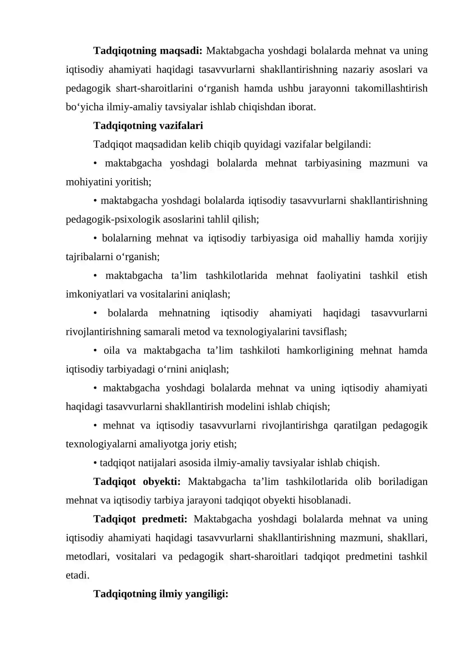 ’MAKTABGACHA YOSHDAGI BOLALARDA MEHNAT VA UNING IQTISODIY AHAMIYATI HAQIDAGI TASAVVURLARNI SHAKLLANTIRISH’’.  mavzusida yozilgan MAGISTRLIK DISSERTATSIYASI ASOSNOMASI 4