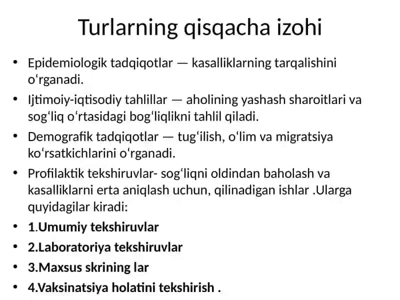Tibbiy-ijtimoiy tekshirishlarning turlari 4