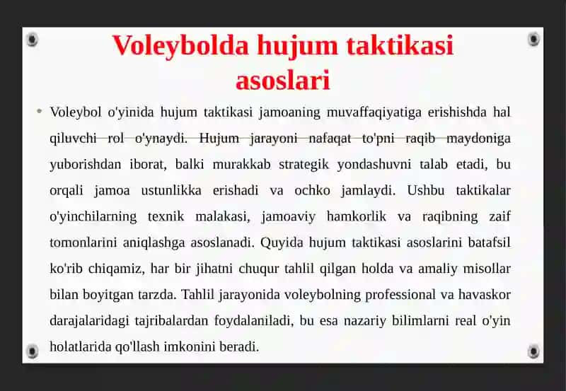VOLEYBOLDA TAKTIKTAYYORGARLIK ASOSLARI(HUJUM VA HIMOYA TAKTIKASI) 4